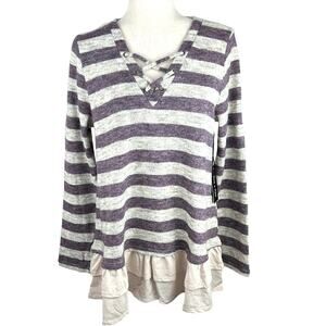 NEW Doe & Rae Lavender and Cream Striped Sweater Ruffle Hem Lace Neck Size M